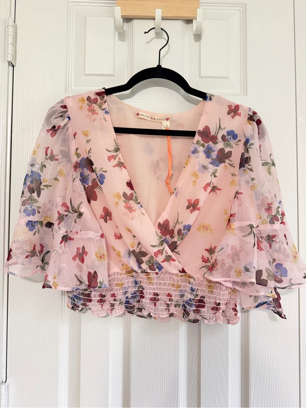 Chelsea & Violet Pink Floral Smocked Crop Top Size Large Boho Cottagecore